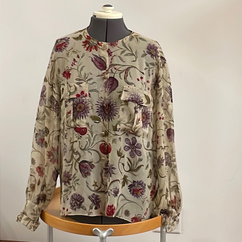 GLORIA SACHS Vintage Silky Sheer Floral Blouse with Scarf